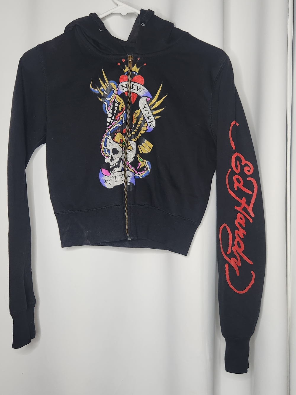 Ed Hardy Women's Black Zip Hoodie with Graphic Skull & Snake